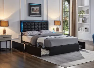 Black Leather Button Tufted Storage Bed With LED Lights, USB & 4 Large Mesh Storage Drawers- Double or Queen - Model #5400