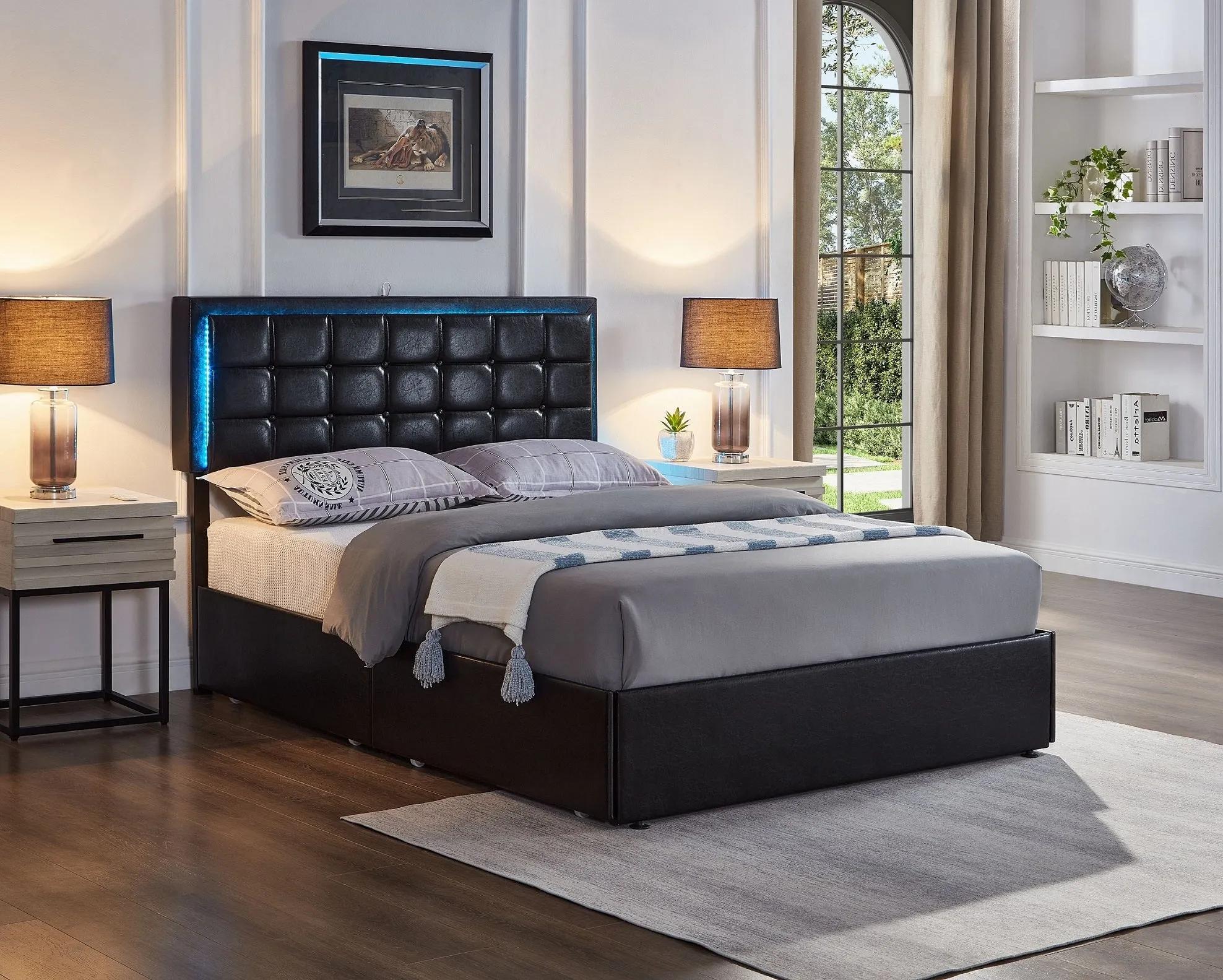 Black Leather Button Tufted Storage Bed With LED Lights, USB & 4 Large Mesh Storage Drawers- Double or Queen - Model #5400