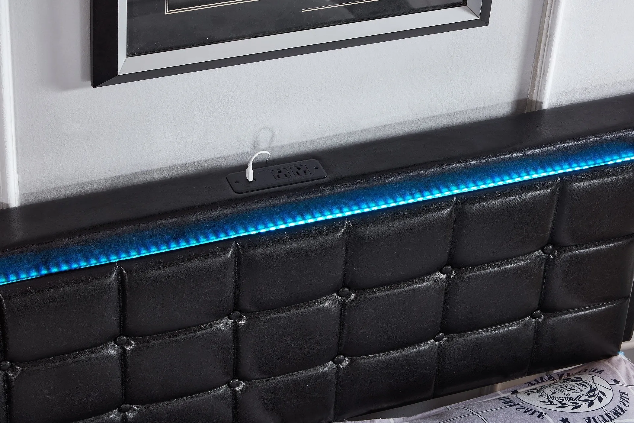 Black Leather Button Tufted Storage Bed With LED Lights, USB & 4 Large Mesh Storage Drawers- Double or Queen - Model #5400