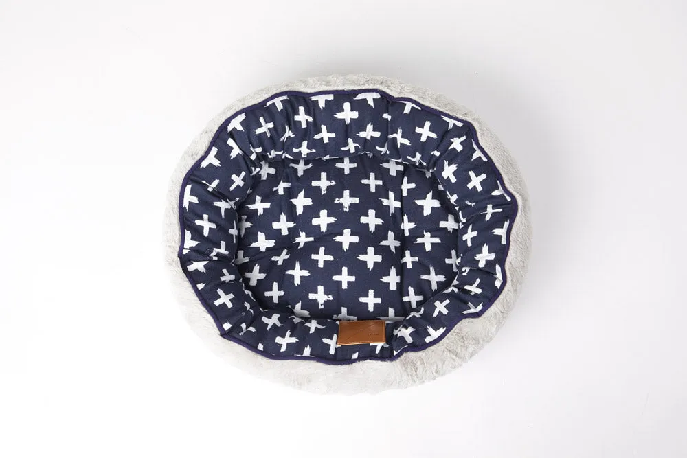 Cat Bed - Reversible - Navy Cross Print
