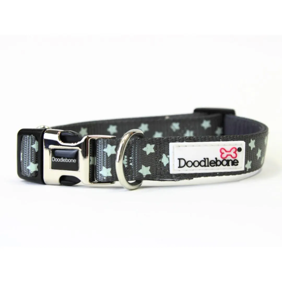 Doodlebone Padded Dog Collar - Grey Stars Glow In The Dark