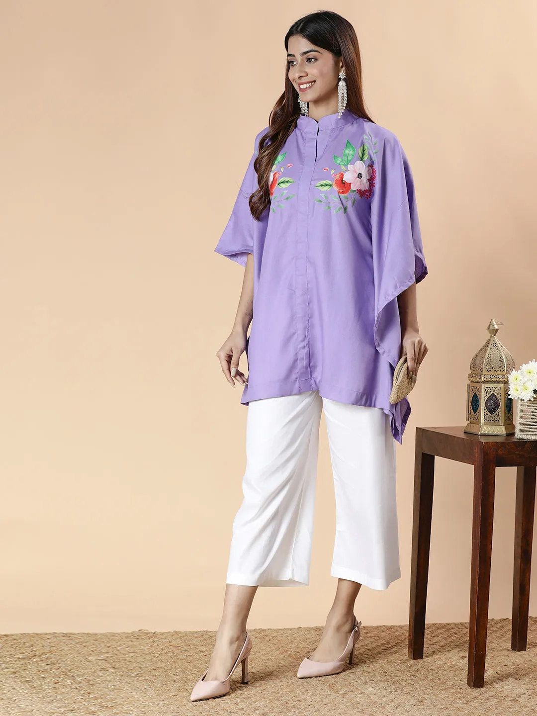 Lavender Rayon MandarinKurti - Flaura
