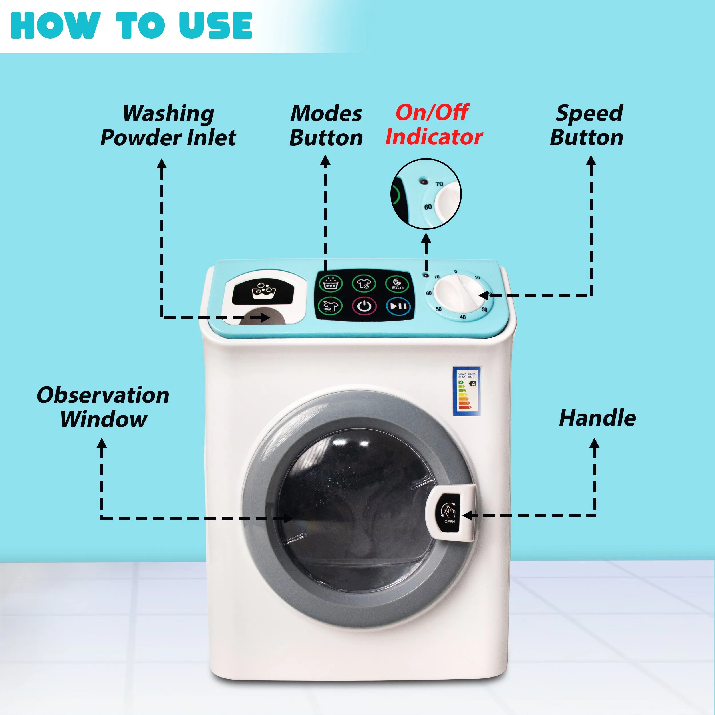 Mini Washing Machine Pretend Play Toy with Light & Realistic Sound for Kids.