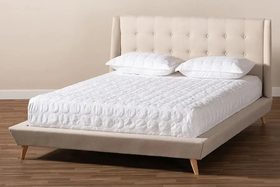 Valentina Beige Fabric Upholstered Wingback Platform Bed (King)