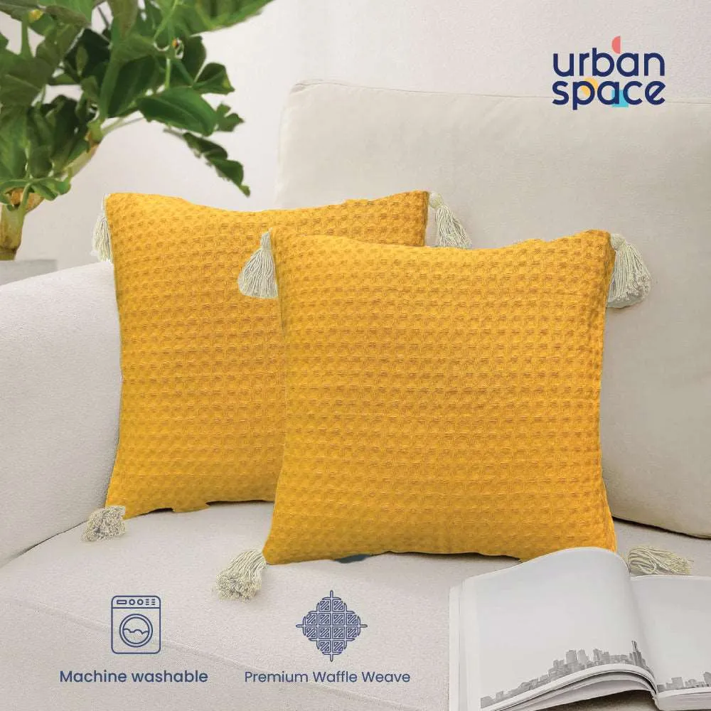 Waffle Cotton Cushion Cover, for Sofa, Bedroom, Living Room - Set of 2 - Waffle Mustard